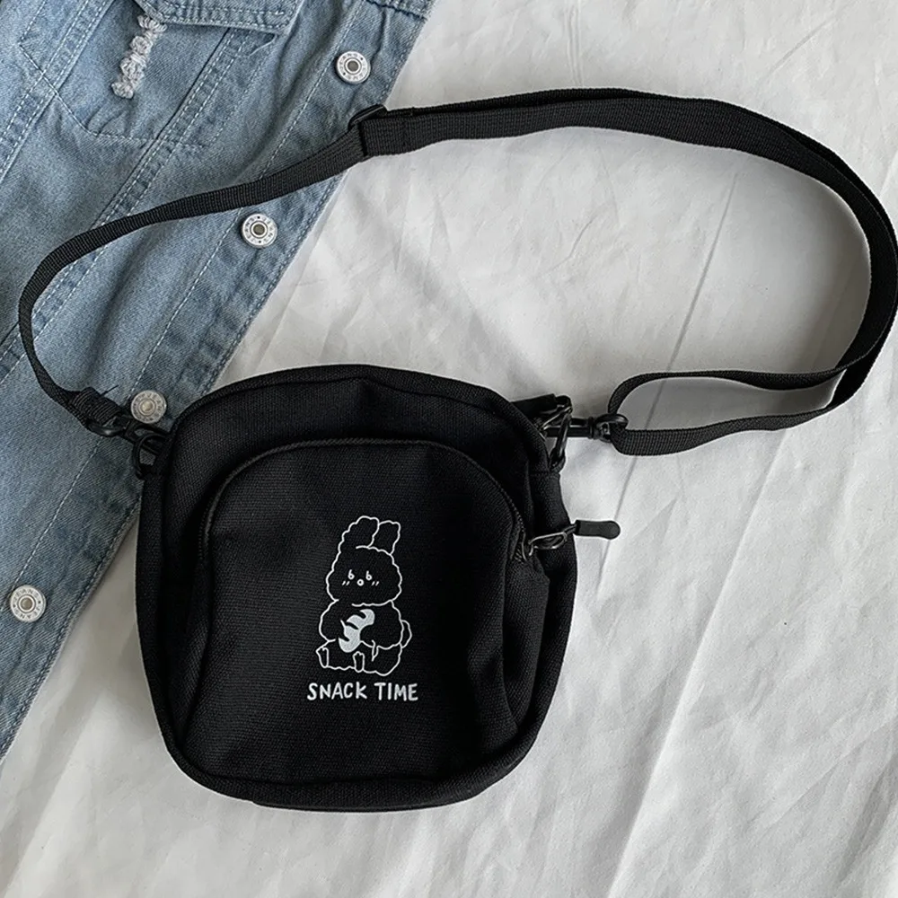 1Pcs Black Rabbit Canvas Crossbody Bag Casual Student Girls Messenger Bag Vintage Ladies Phone Purse Shoulder Bag