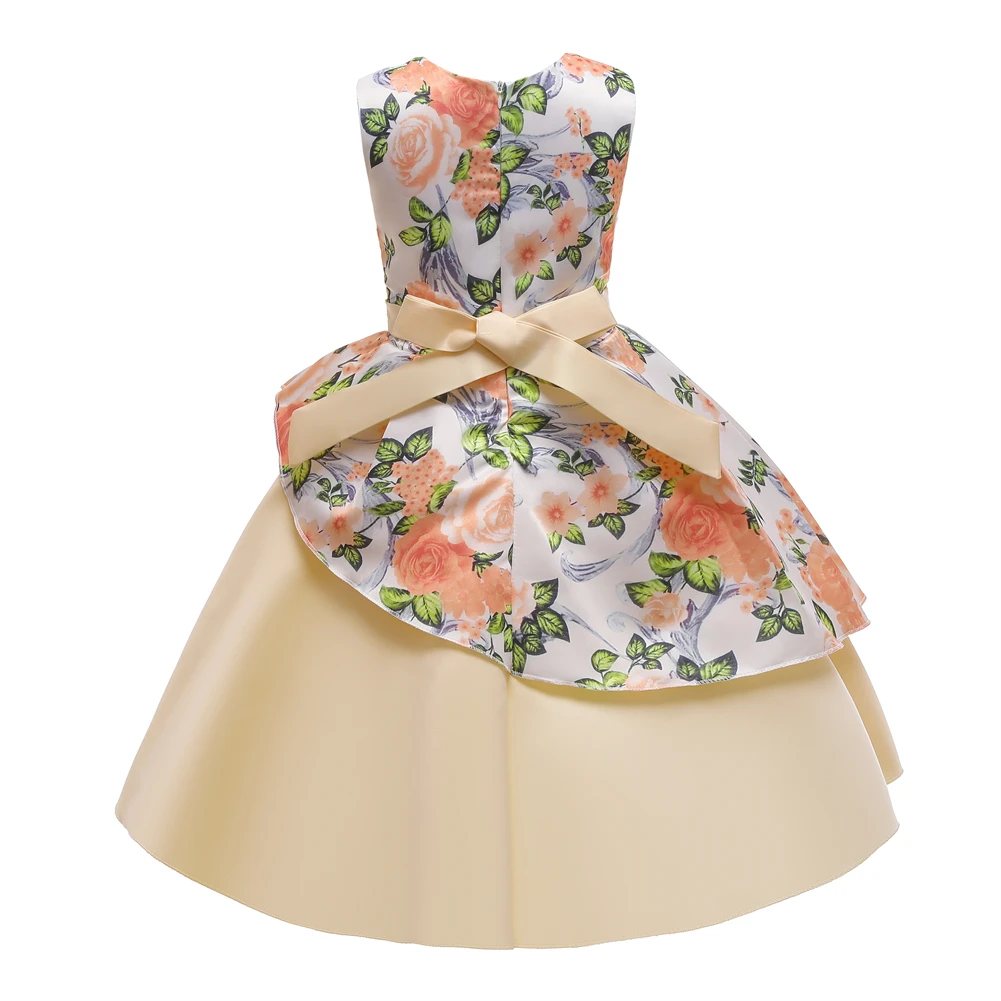 

Champagne colored girl dress performance dress child printed vest dress pleated 6 To 8 Year Kid bow princess dress