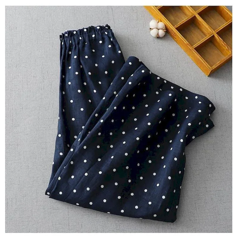 Pantaloni di lino in cotone pop Pantaloni larghi casual larghi stampati da donna Pantaloni a vita elastica stile coreano estivo vintage Pantaloni a gamba larga