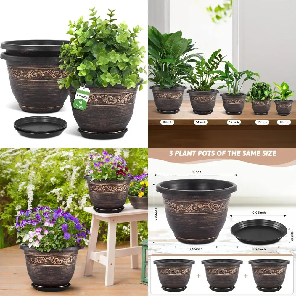 

Набор из 3 пластиковых кашпо 16 дюймов с дренажем и поддонами, легкие маленькие горшки для дома и улицы, декоративные в винтажном стиле