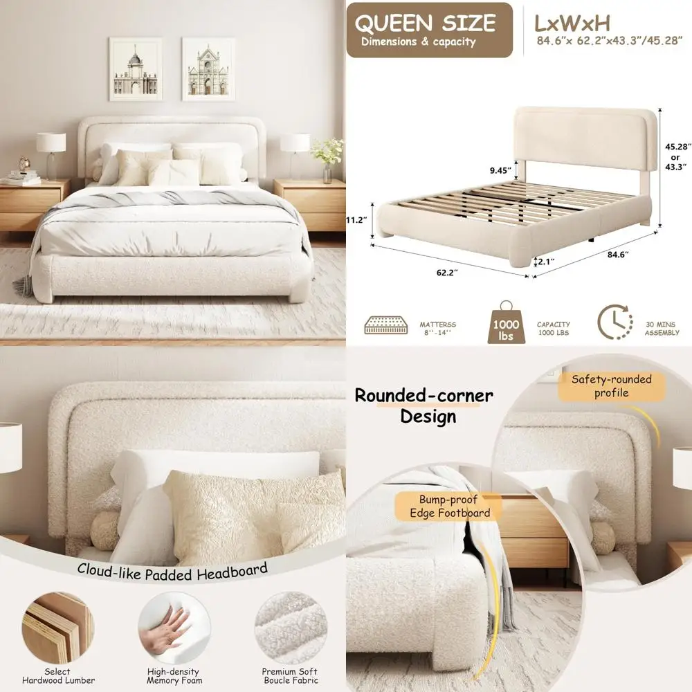 queen size cloud upholstered platform bed with adjustable headboard and rounded corners