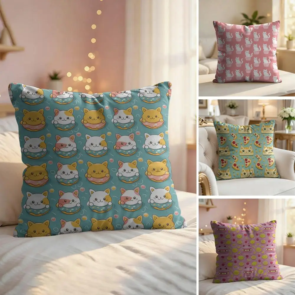 Cat Cake Pattern Cushion Cover Soft Short Plush Pillow Cover Smooth Cozy Texture Aesthetic Cushion Case Home Decor