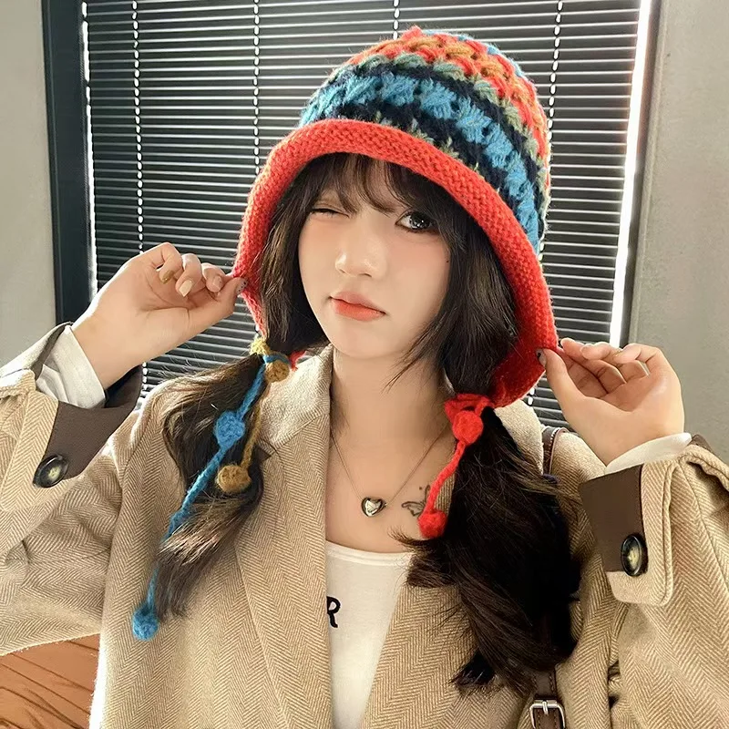 Hand Crocheted Wool Hat Ethnic Wind Female Autumn Winter Fringe Warm Cold Cap Bohemian Wind Ball Ball Knitted Outdoor