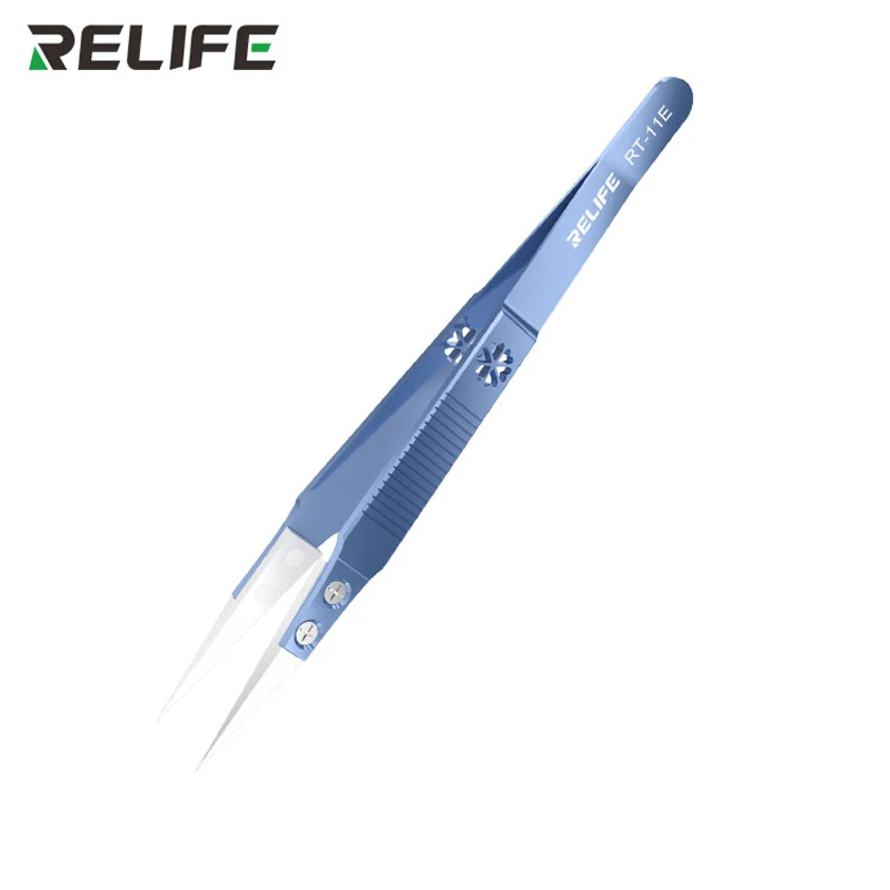 RELIFE-RT-11E de precisión de aleación de titanio, pinza curva recta de cerámica, antiestática, resistente al ácido inverso, abrazadera de alambre volador, RT-15E