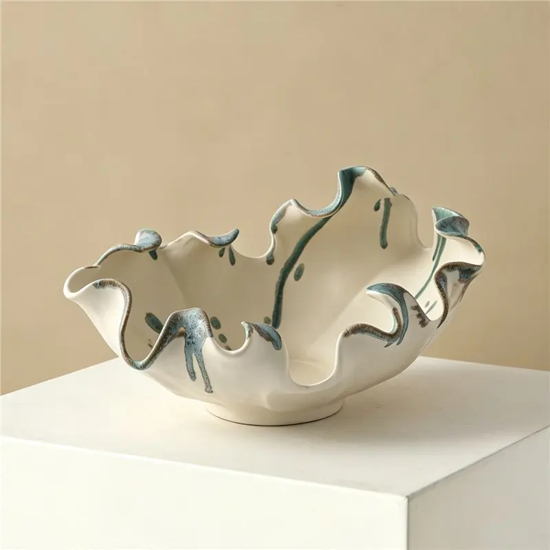 

Creative blue and white gradual change wavy edge ceramic bowl irregular shape plate modern decorative fruit basket