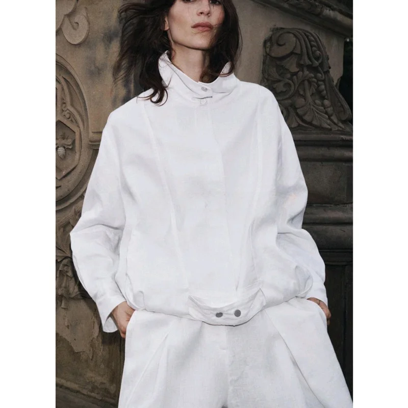 

Autumn New Women's Pleated High Collar Long Sve Linen Blend Pilot Jaet Coat Commute Sle Loose Fit Button Closure