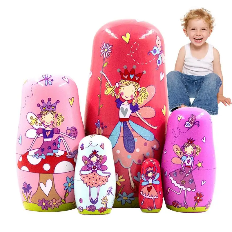 Bonecas de nidificação para crianças, 5 peças de madeira russa matryoshka bonecas educacional montessori aprendizagem empilhamento brinquedos de nidificação conjunto para criança