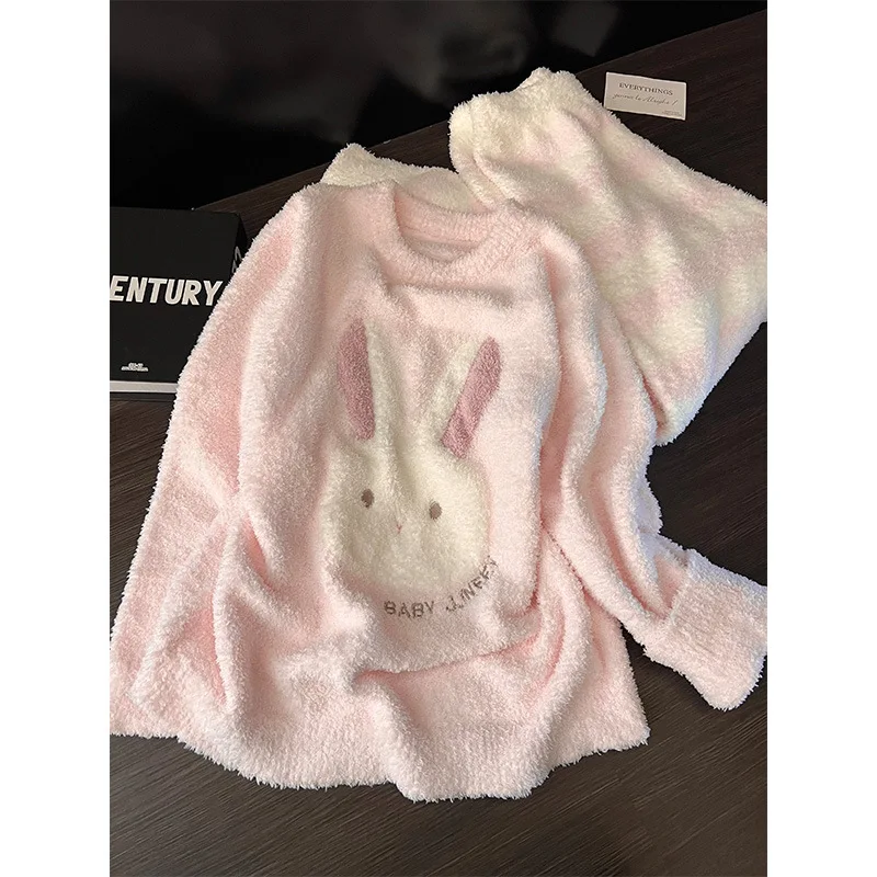 

Plush Pink Pajamas Set School Girls Cartoon Rabbit Fleece Warm Sleepwear Winter Thick Nightgown Women Home Clothes 2Pcs