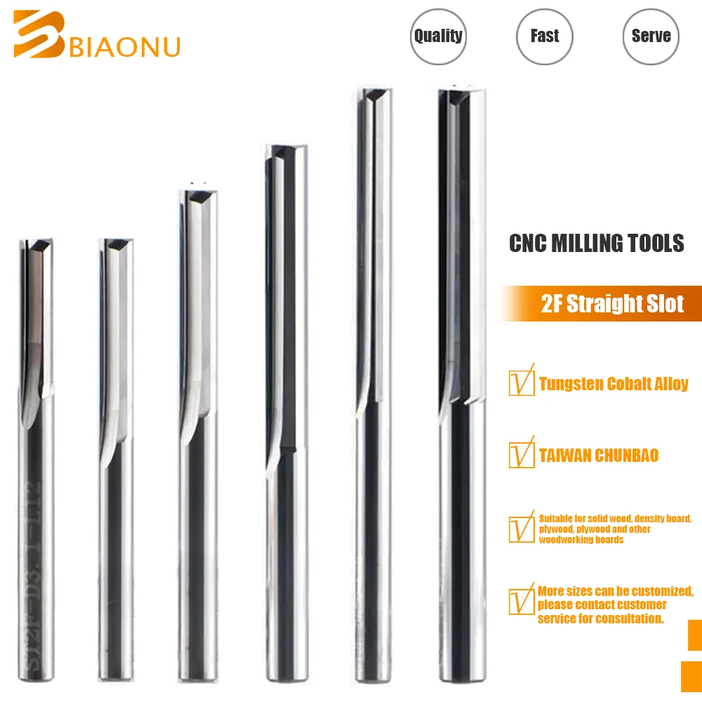 Biaonu Wood End Mill Tools 3.175/4/5/6/8/10mm Tungsten Carbide 2 Flutes Straight Slot Milling Cutter CNC Engraving Router Bit