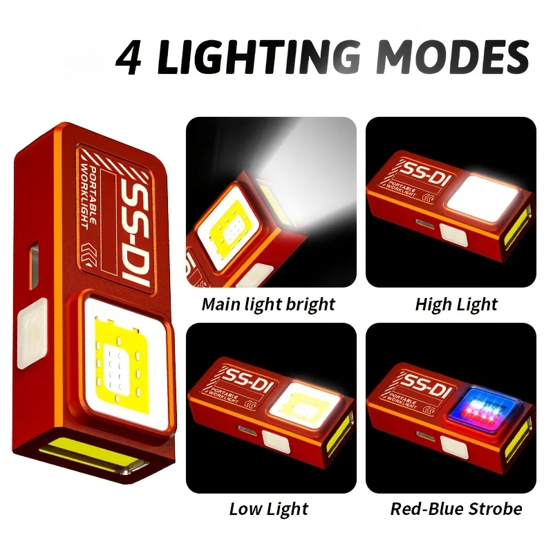 Powerful Mini COB LED Keychain Flashlight USB Rechargeable Hanging Work Light Waterproof Keyring Camping Walking Pocket Lamp