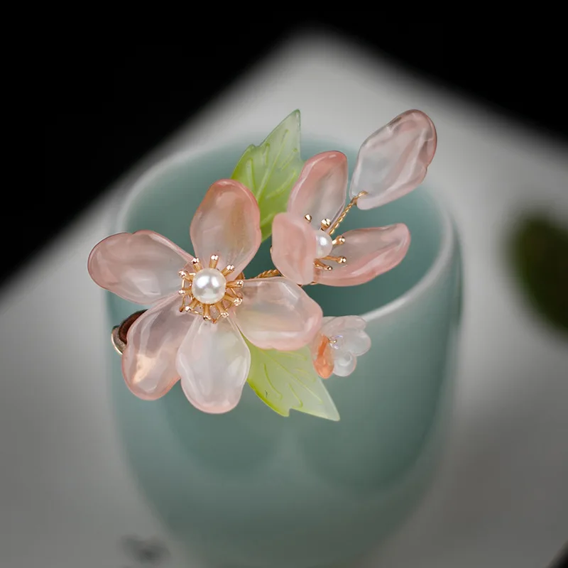 Antique Chinese Hanfu Hair Clips Glass Flowers Hairpin Girls Fairy Pearl Headdress Traditional Hanfu Headpiece Ancient Jewelry