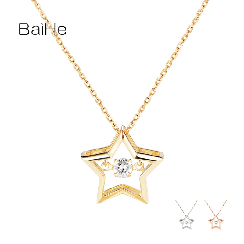 BAIHE Solid 18K Yellow Gold 0.08ct H/SI Natural Diamond Dancing Star Necklace Women Men Daily Ccollocation Trendy Fine Jewelry