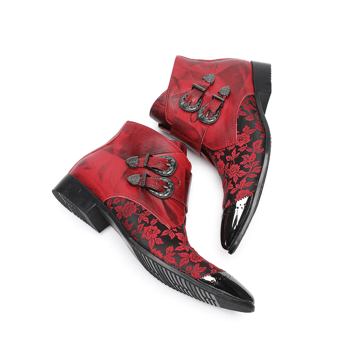 

Floral Print Pointed Toe Men Genuine Leather Motorcycle Short Boots Plus Size Buckle Strap Prom Party Ankle Boot Dress Shoes