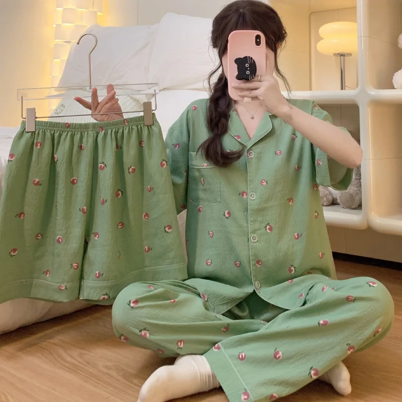 Summer Ladies Pajamas Homewear Three-Piece Premium Green Peach Print New Cloud Cotton Short-Sleeved Pajamas Homewear Set