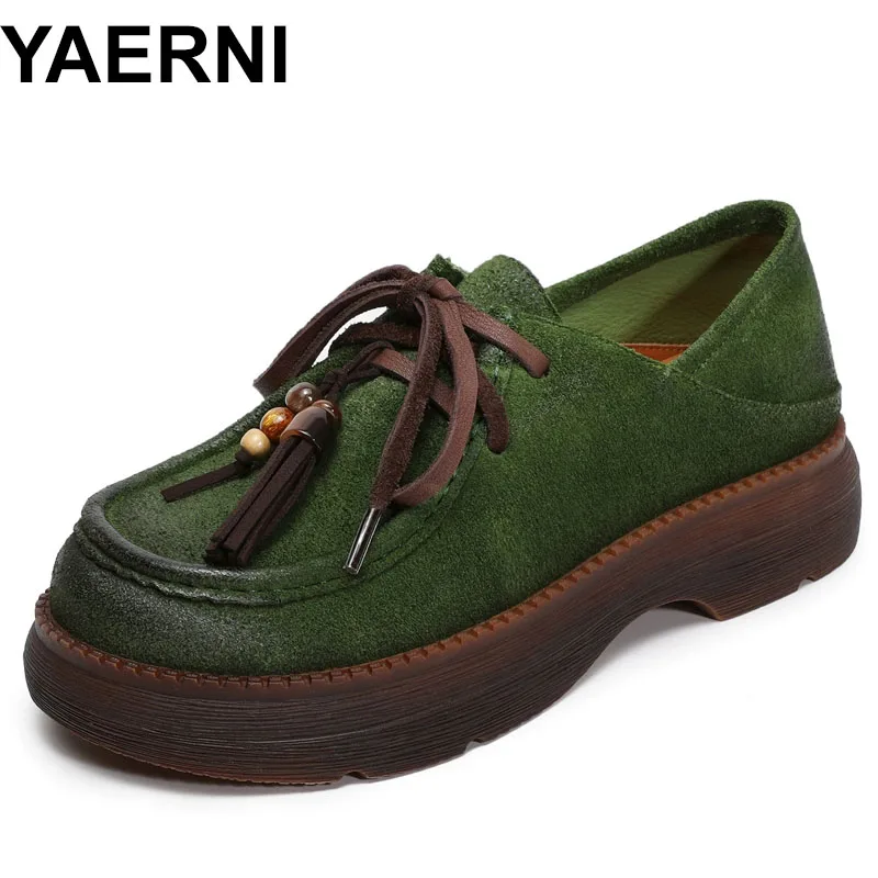 

Женские туфли на платформе с подошвой, повседневные женские туфли ручной работы в литературном стиле из натуральной кожи с кисточками и бусинами