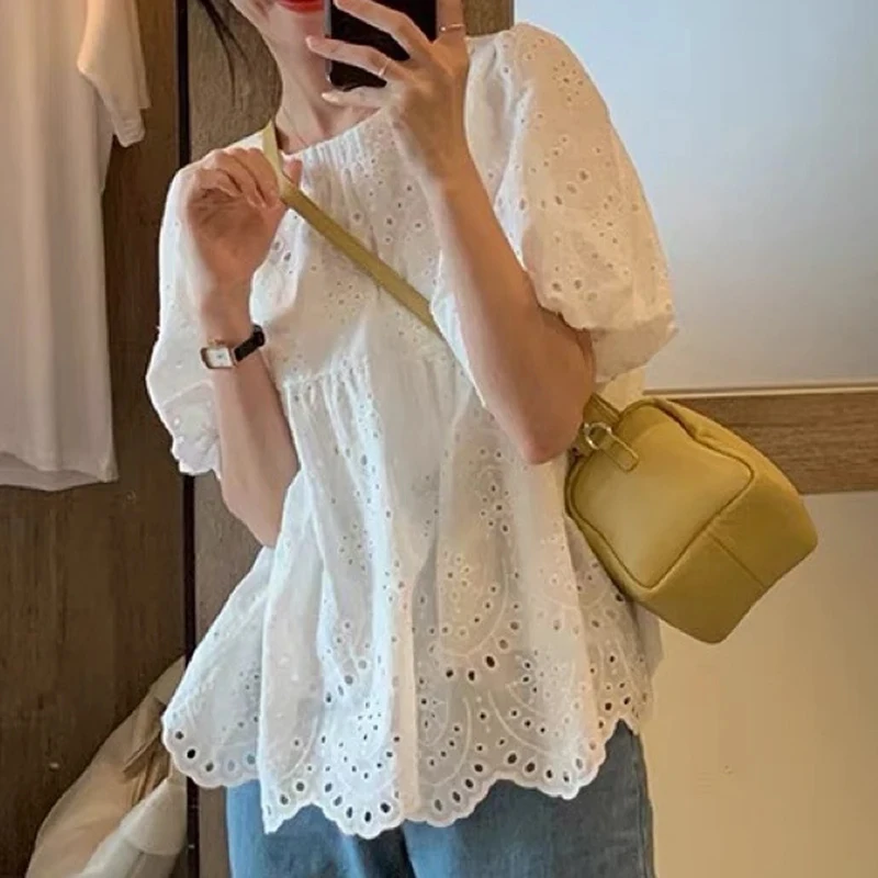 Summer French Style Embroidery Hollow Out Shirt New White Lace Blouse for Women Short Puff Sleeve Tops Round Collar Clothes 930