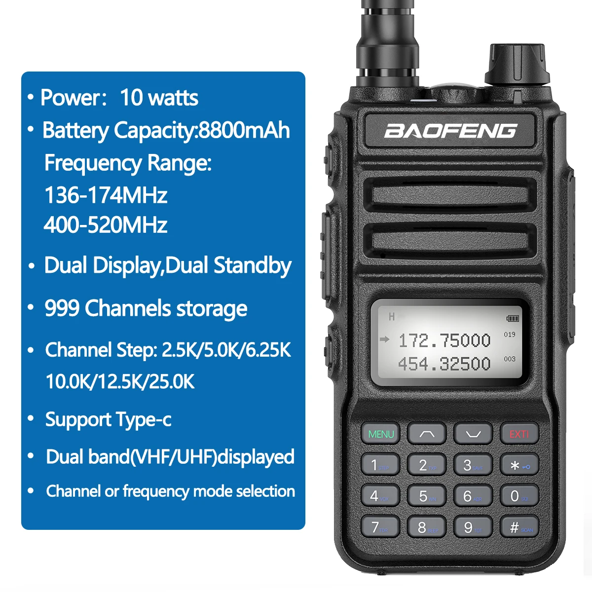 BaoFeng-Walkie Talkie Radio, Soporte Tipo-C Cargador, 10W de Potencia, 999CH, 50km, Actualización, 1, 2, Radio de Dos Vías