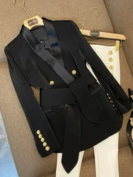 Moda Vintage nuovo arrivo stile europeo qualità donna cappotto scialle colletto doppio petto ufficio signora Blazer solido con cintura