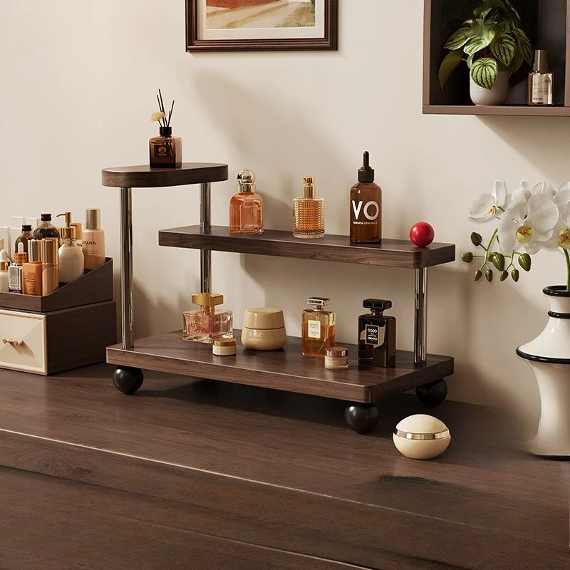 

Wooden Makeup Organizer 2 Tier Desktop Cup Holder Solid Walnut Cosmetic Storage Shelf Multilayer Bathroom Beauty Display Stand