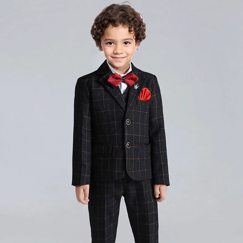 キッズフォーマルチェック柄ジャケットベストパンツボウタイ + チェストタオル 5 個結婚式誕生日スーツ男の子ピアノホストパフォーマンスブレザーセット