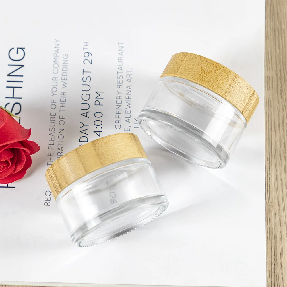 

50ml Face Cream Bottle Cosmetics Jars Empty Clear Glass Vials Customized Bamboo Cap Skin Care Products Gifts 6Pcs