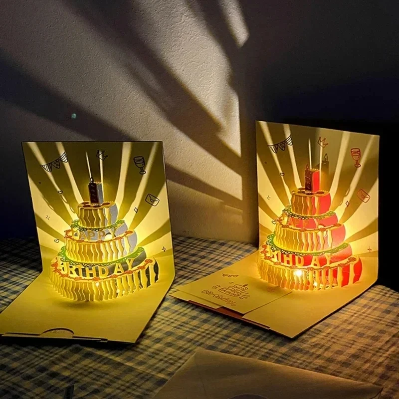 3D Musical Birthday Cake Card LED Light Pop-Up Greeting Cards with Envelope for All Occasion Girl Kid Wife Postcards