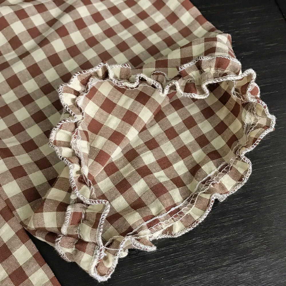 Freizeitanzug für Mädchen und Teenager im Alter von 2-10 Jahren mit kariertem Spitzenoberteil und Hose, zweiteiliges Set, koreanische Version – Detail 6
