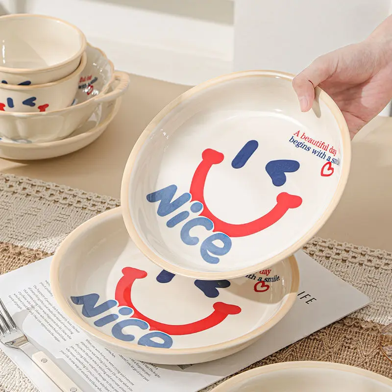 

19cm Smiling Face Plate Ceramic Dish,New Household Dish Dim Sum Plates,Advanced Lamian Noodles Deep Plate, Kitchen Tableware Set