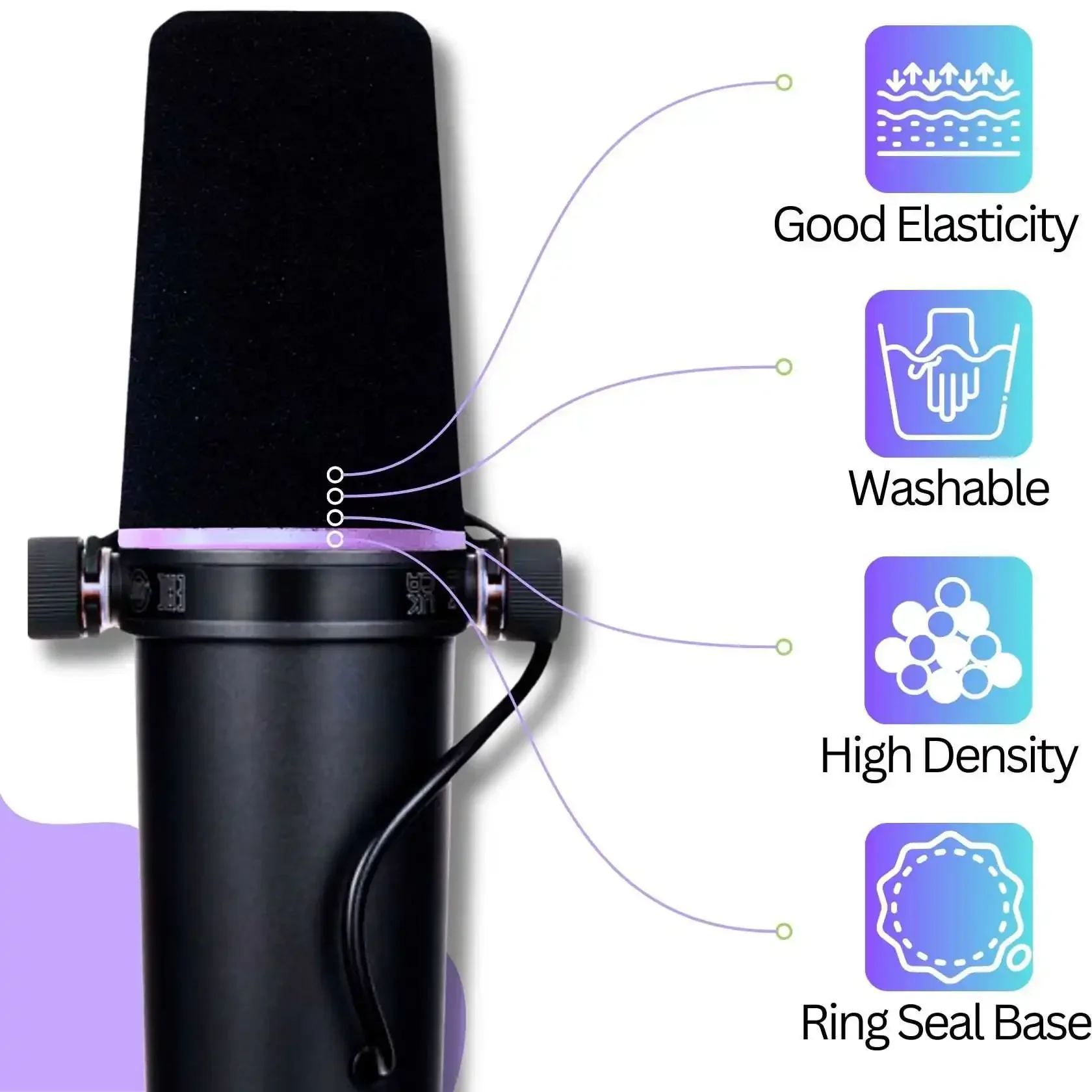 SM7 Mic Cover Pop Filter for Shure SM7B, SM7dB High-Density Foam Windscreen with Violet Glow Collar Ring, for Podcast