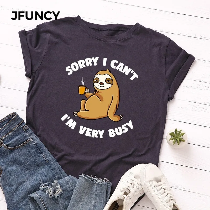 JFUNCY Mùa Hè Nữ 100% Cotton Áo Rời Nữ Tay Ngắn Người Phụ Nữ Áo Thun Ngộ Nghĩnh Giày Lười In TEE Áo Nữ Áo Thun Nữ