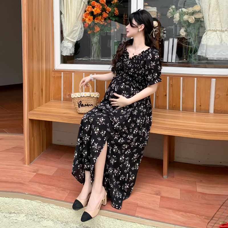 

Summer Maternity Floral Chiffon Dress Puff Sleeve Ruffled V-neck Fashion Pregnant Woman Dress Long Pregnancy Split Dress Loose