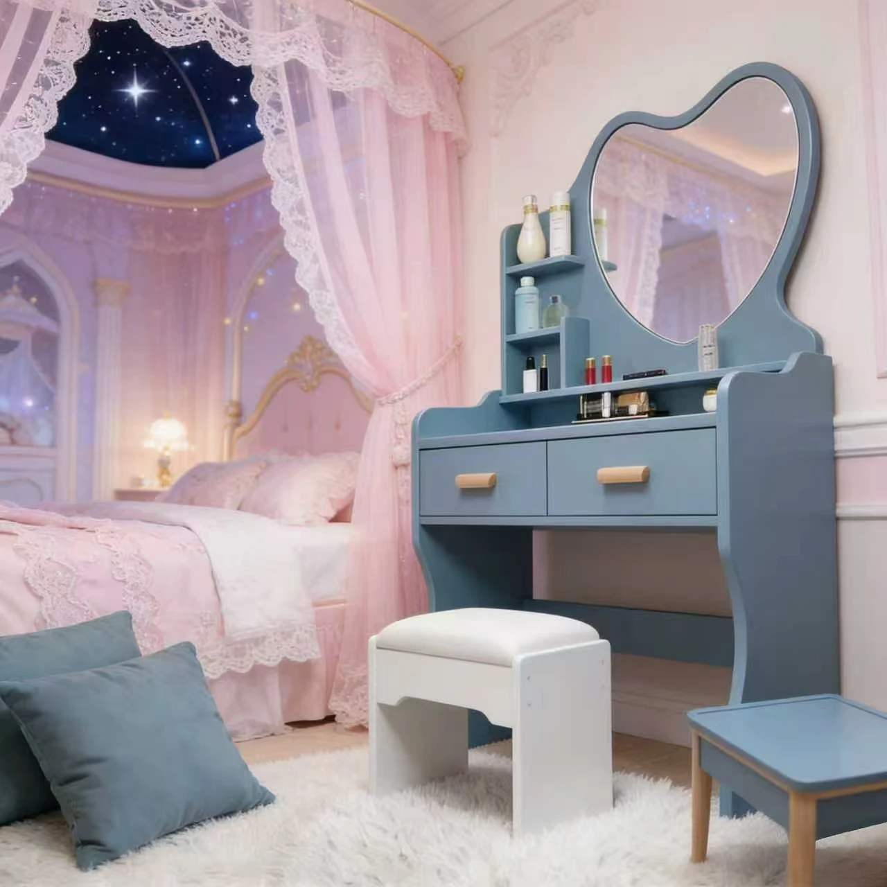 

# Hot Sale Heart-Shaped Dressing Table 2 Drawer Storage Makeup Vanity With Stool For Bedroom Small Apartment