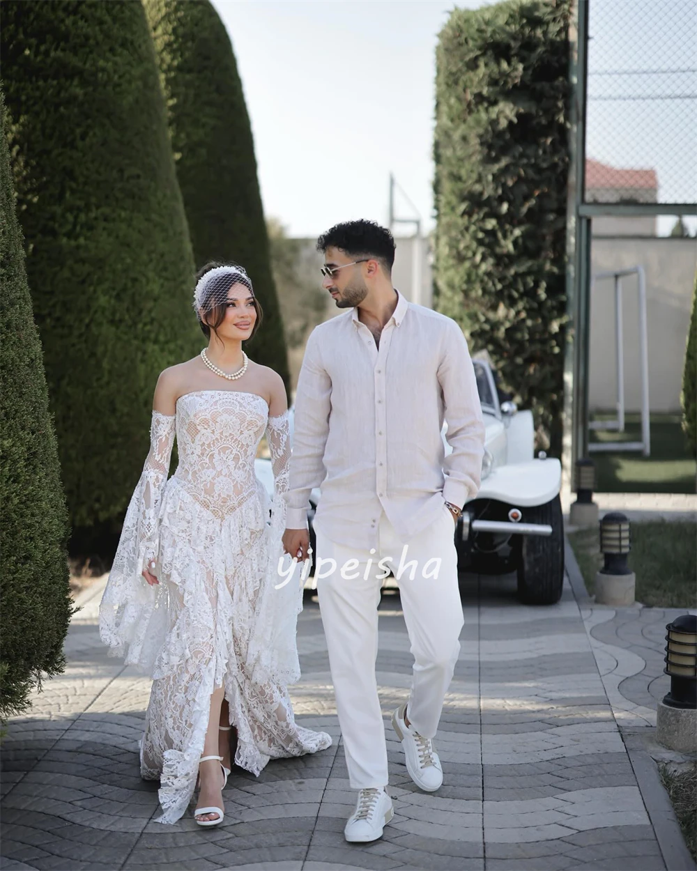 Abiti lunghi senza spalline a sirena con pieghe increspate in pizzo moda stile moderno personalizzato Abiti per occasioni su misura Taglie disponibili formali