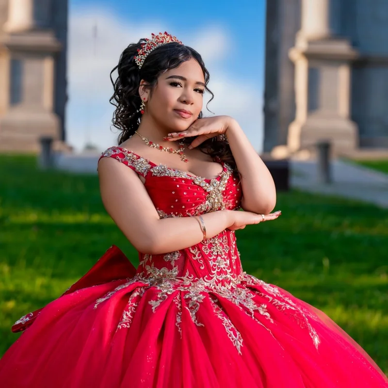 Red Quinceanera Dress off-shoulder crystal glitter Decal Lace Long tail Big Bow Vestidos De 15 Quinceanera ﻿Customize