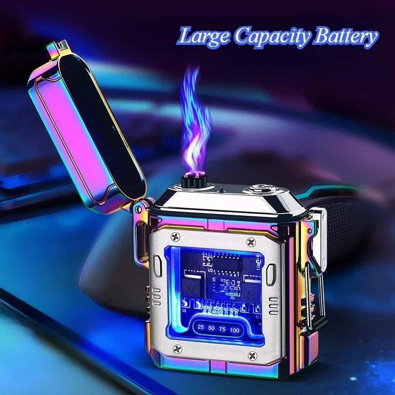 Metal Pulse Dual Arc Rechargeable Lighter Metal Mecha Triple Waterproof Transparent Digital Display USB Cigarette Lighter