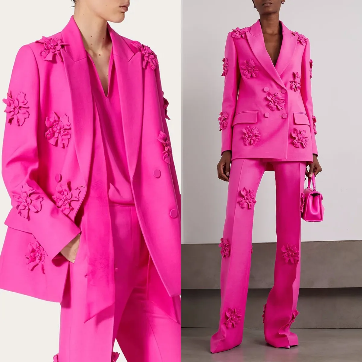 Fuchsia 2Pcs Blazer Suits for Women Formal Wrap 2023 Fashion Floral Jacket Pants Ladies Outfit Sets