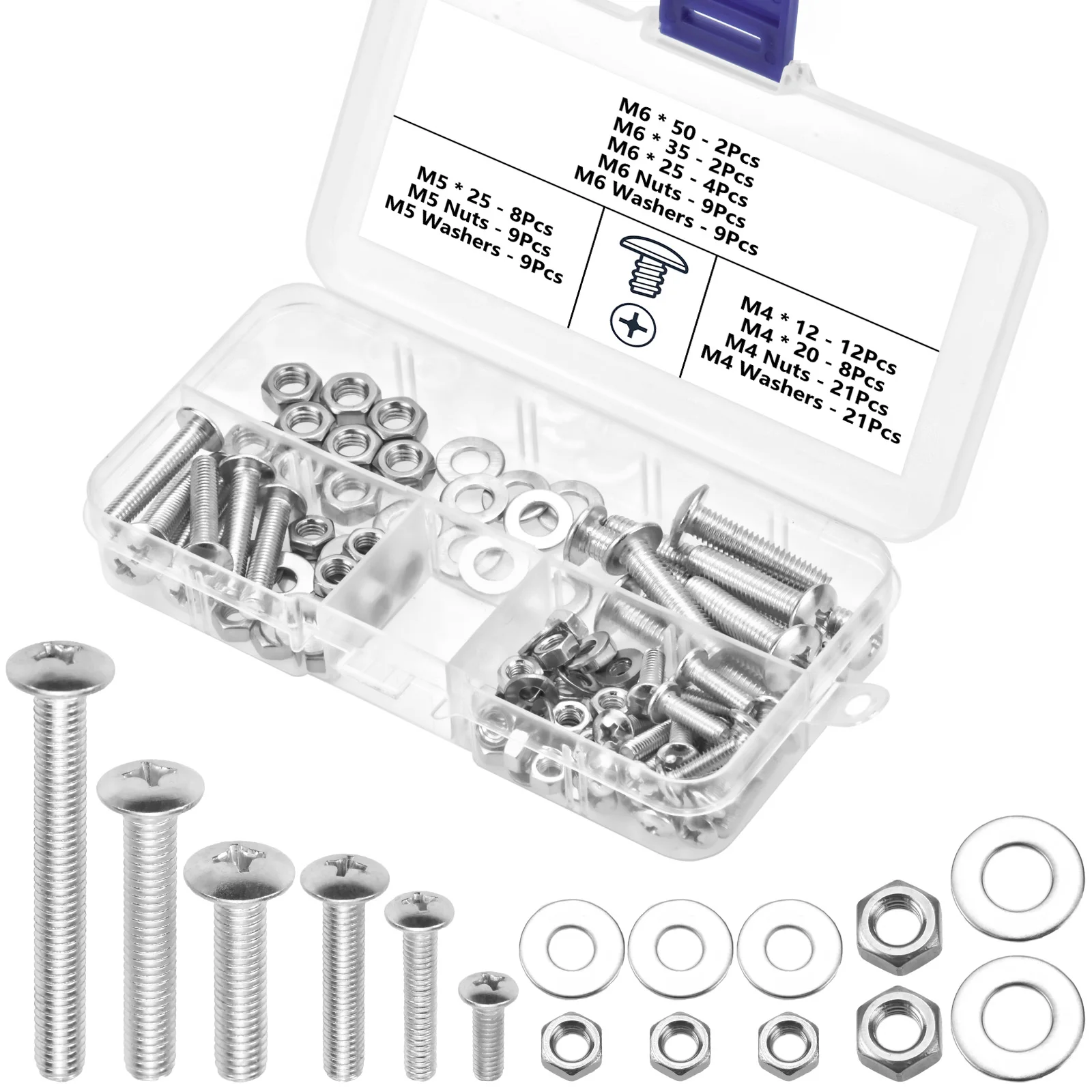 Bolts Nuts and Washer Assortment Kit M4 M5 M6 Galvanized Iron Machine Screw 114 Pcs Phillips Truss Head Large Round Nut Bolt Set