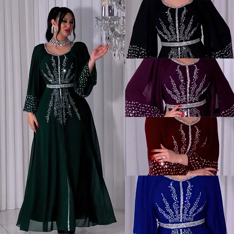 

New Women's Luxury Elegant Party Evening Floral Applique Long Sleeve Glamorous Kaftan Jalabiya Arabian ModestDress