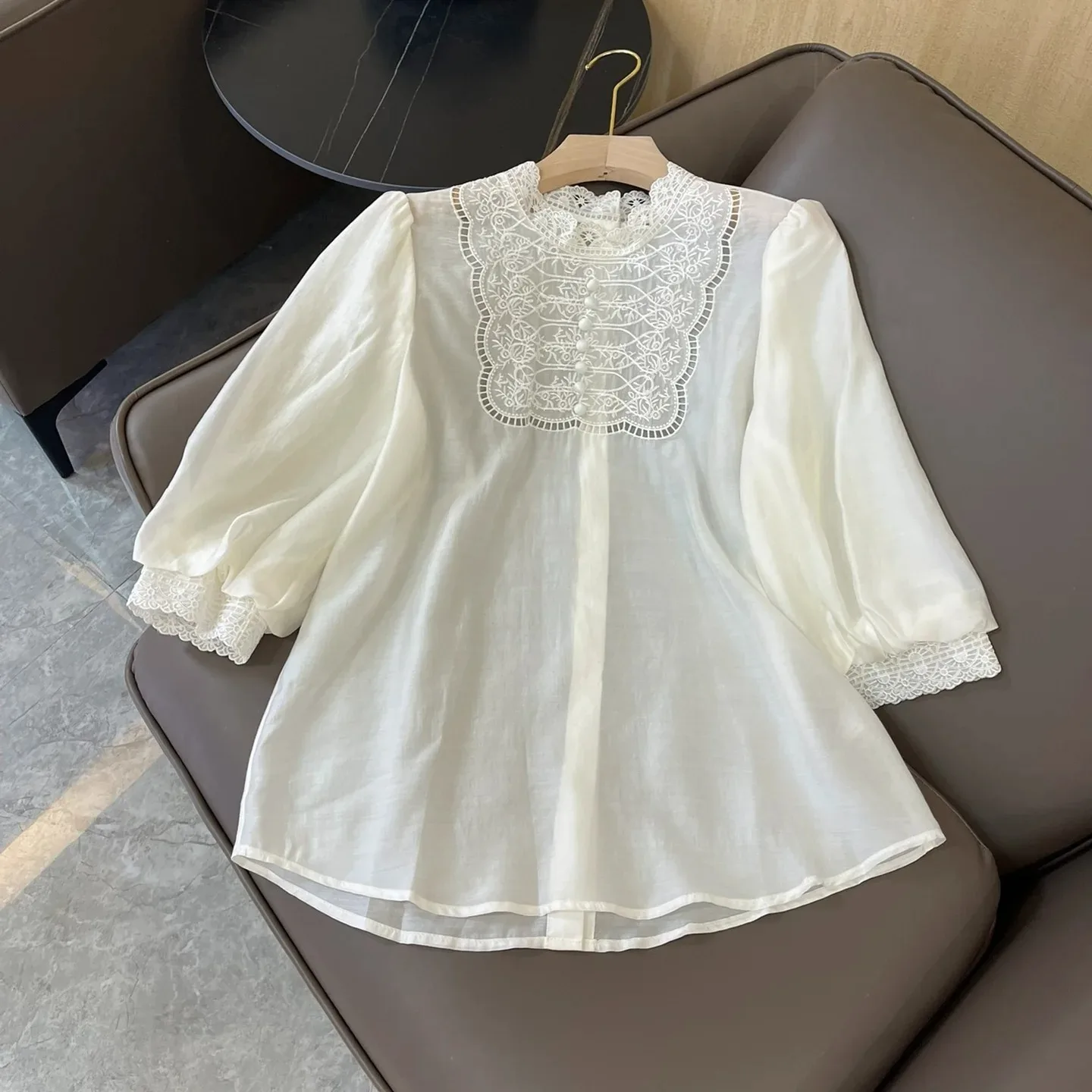 High-end Tencel Chiffon Women Loose Casual Shirts Spring Summer Chinese Style Vintage Elegant Tops Retro Lace Neck Female Blouse