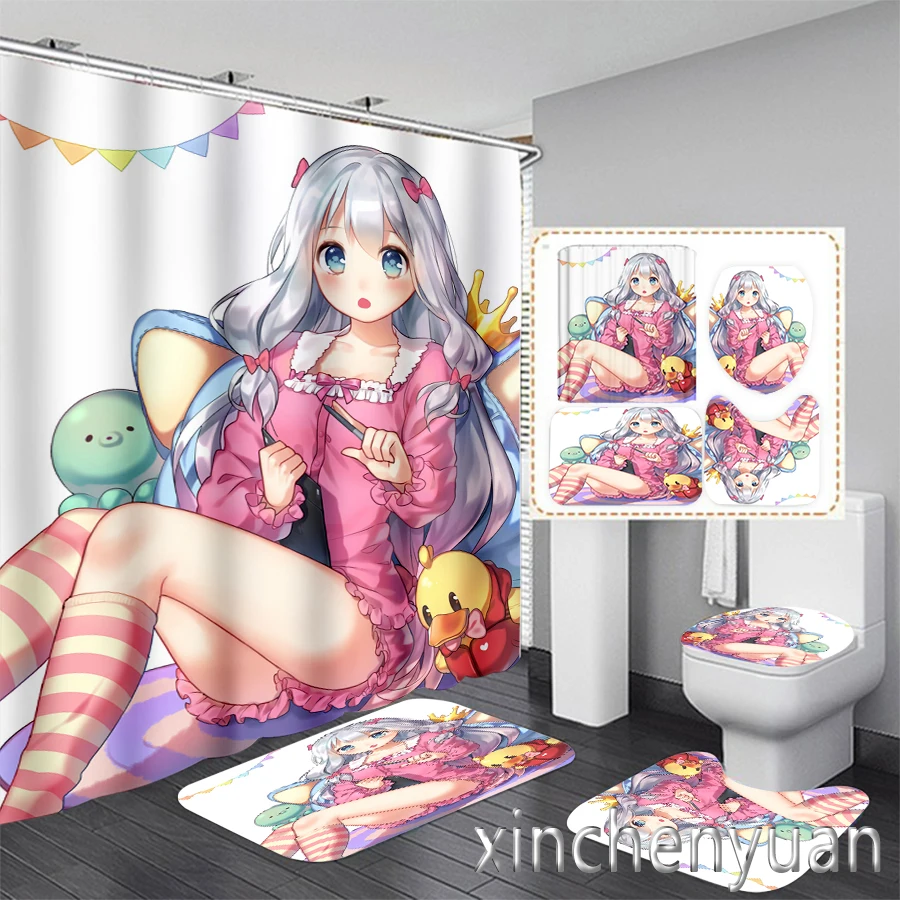 Phechion Tirai Mandi Izumi Sagiri Gambar 3D Baru Tirai Kamar Mandi Tahan Air Set Keset Kamar Mandi Antiselip Karpet Toilet VR184