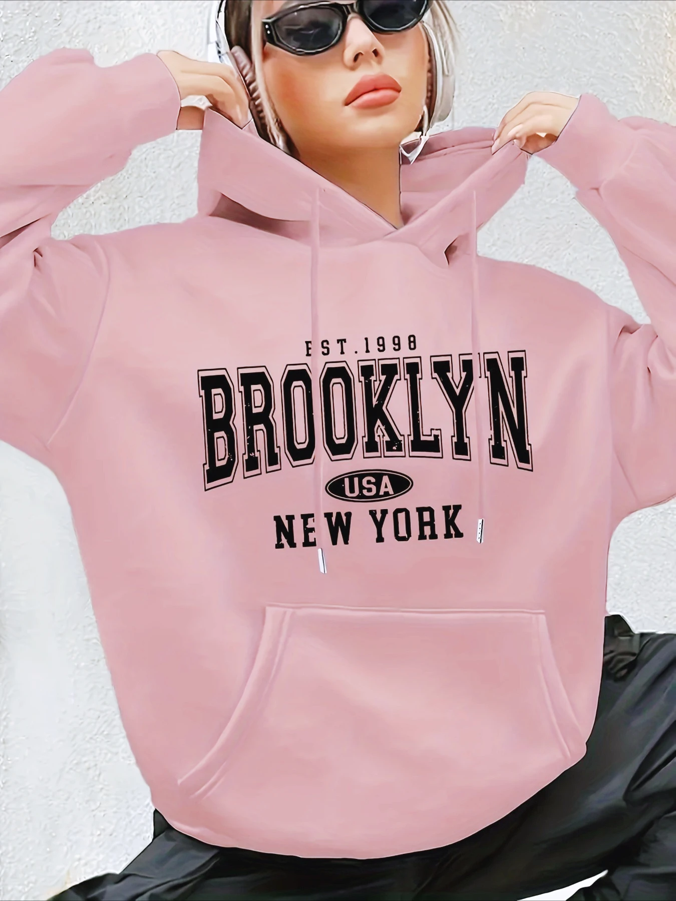 Lady's letter-printed drawstring hooded sweatshirt with long sleeves and pocket featuring geometric patterns regular fit clothes