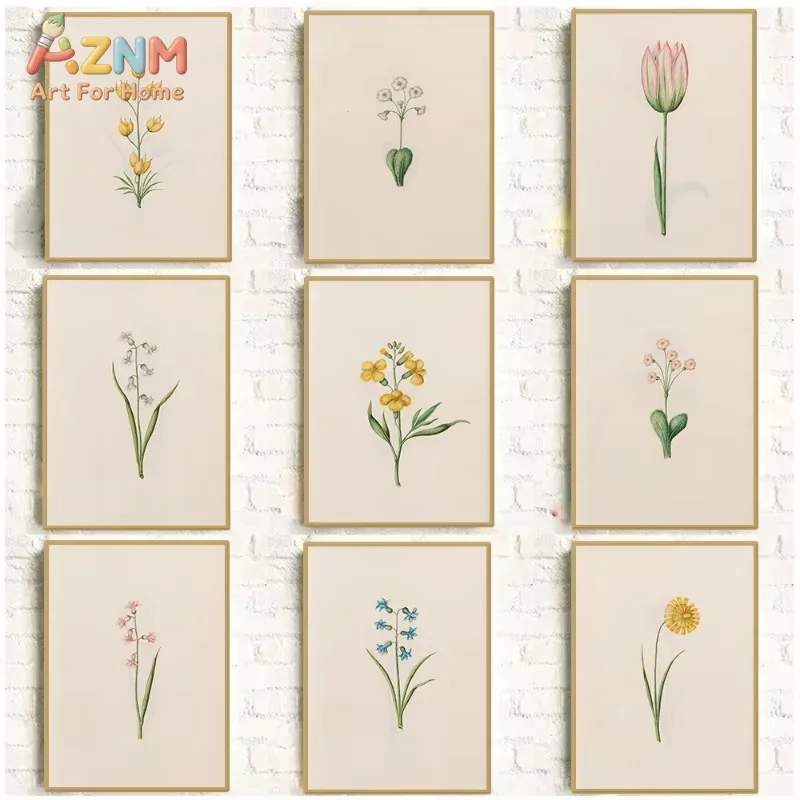 1PC Vintage Spring Floral Plant Illustration Poster Colourful Wildflower Botanical Canvas Painting Wall Art Room Decor