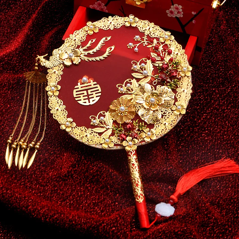 Chinese Style Wedding Dress Bridal Hand Fans Handmade Luxurious Phoenix Flower Round Xi Fans Red/Gold Xiuhe Hanfu Photo Props