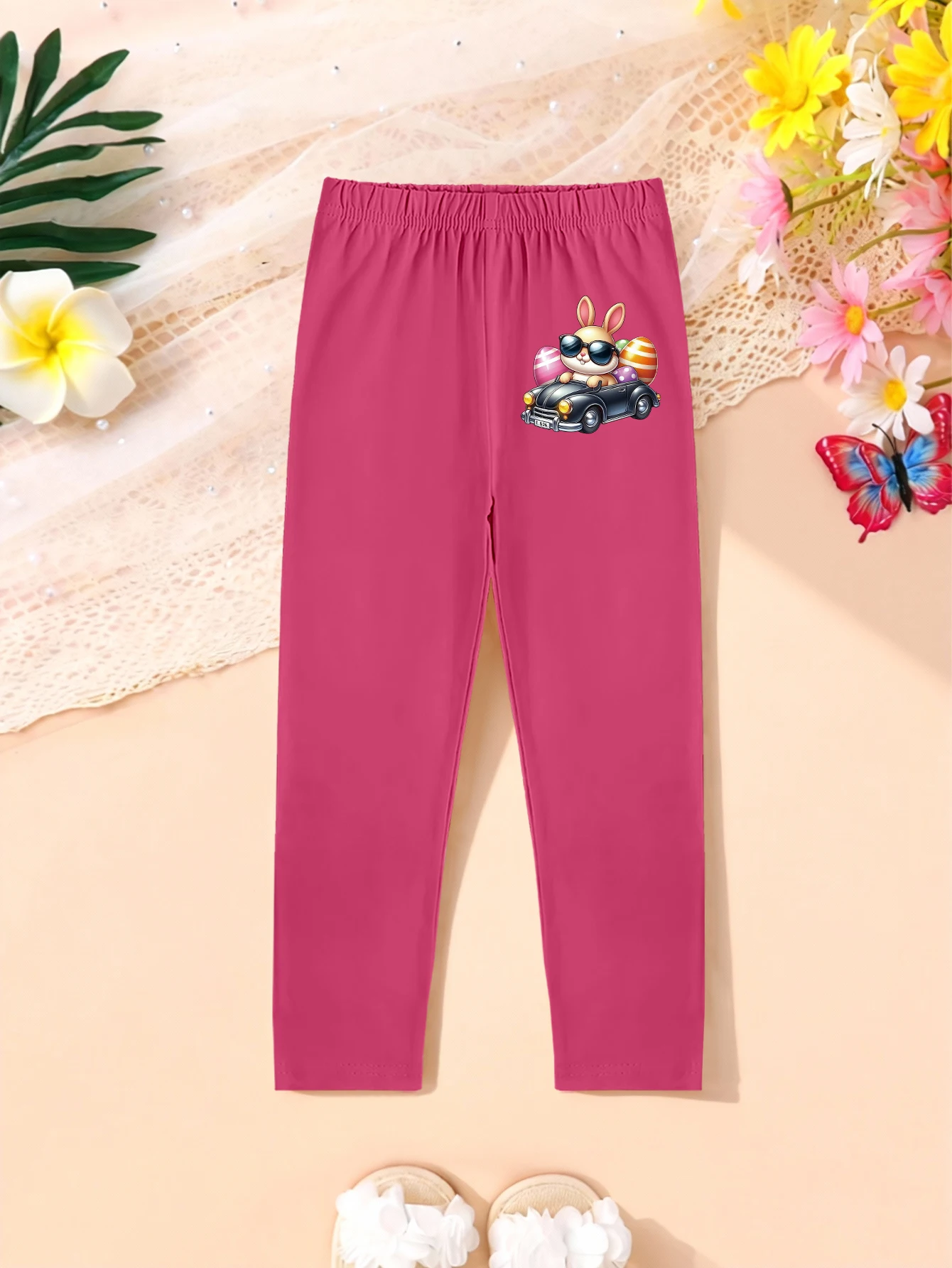 1 pieces: Easter Day Cartoon Rabbit Driving Car with Egg Print Girls' Sweet Leggings for Autumn