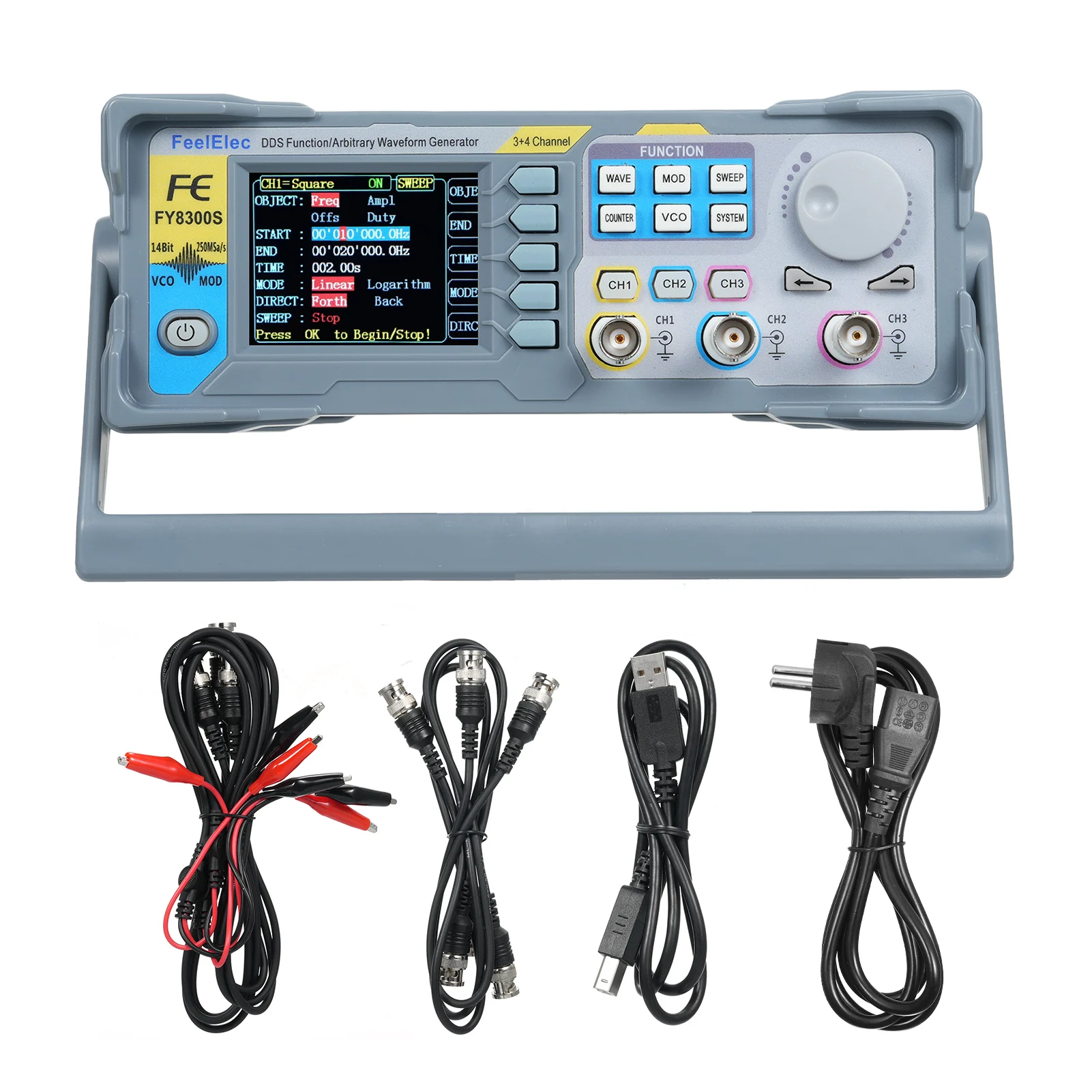 FeelElec FY8300S 60/40/20MHz 3 Channel Arbitrary Waveform Signal Generator 4 TTL Level Outputs DC Bias Digital Output Function