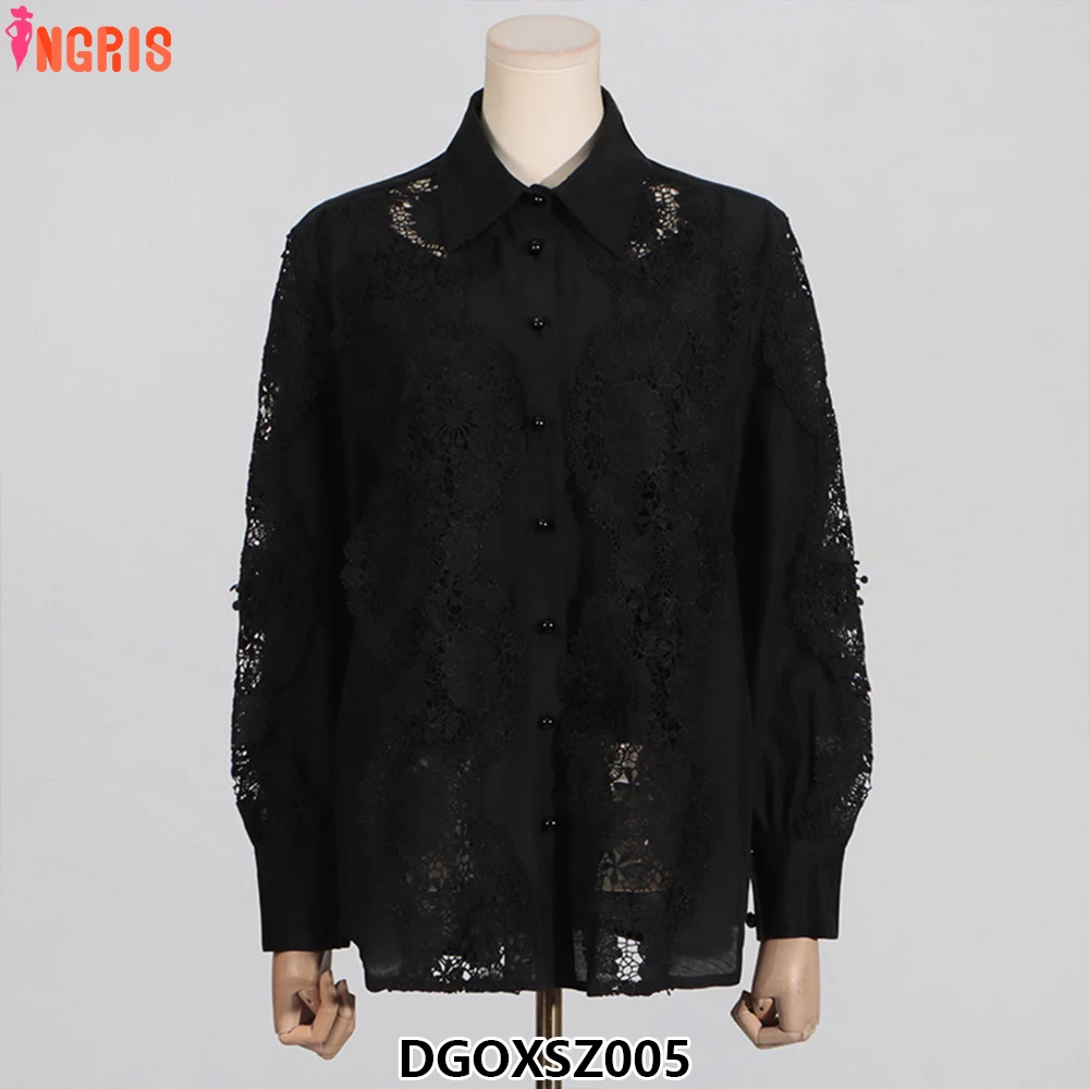 Nueva moda, camisa informal holgada con bordado de encaje, pantalones, traje de dos piezas para mujer-DGOXSZ005