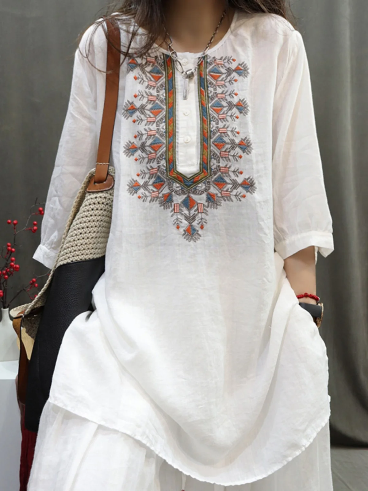 Retro artesanal bordado linho casual artístico solto ajuste irt dr comprimento médio verão nova chegada blusa faion feminina