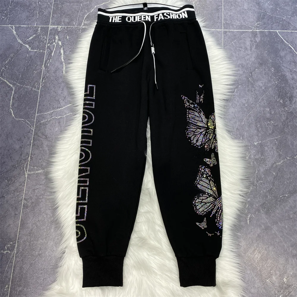 2024 New Autumn Winter Streetwear Casual Sports Pants All-match Hot Drilling Butterfly Elastic High Waist Loose Sweatpants Women