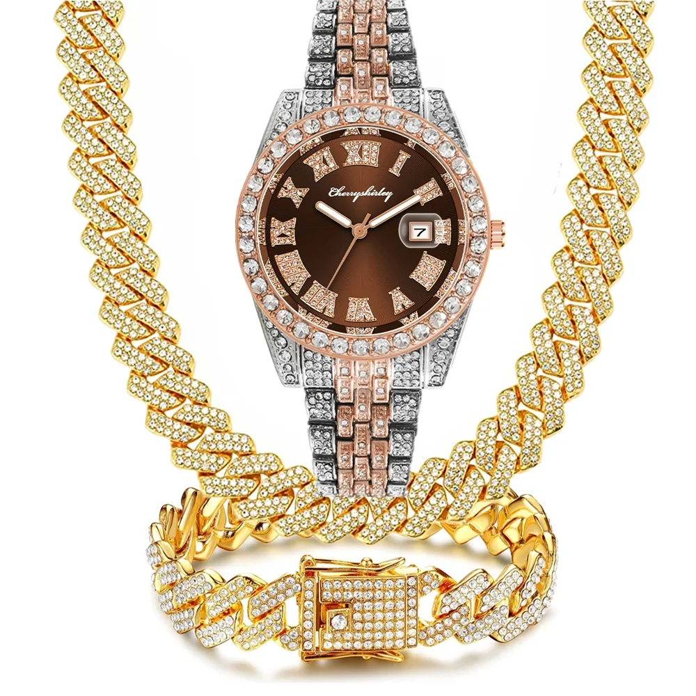 Golden Rose Blue Red Green Dial Full Iced Out Watches For Man Women Cuban Chain Bracelet Necklace Bling 3PCS Jewelry Set Gift