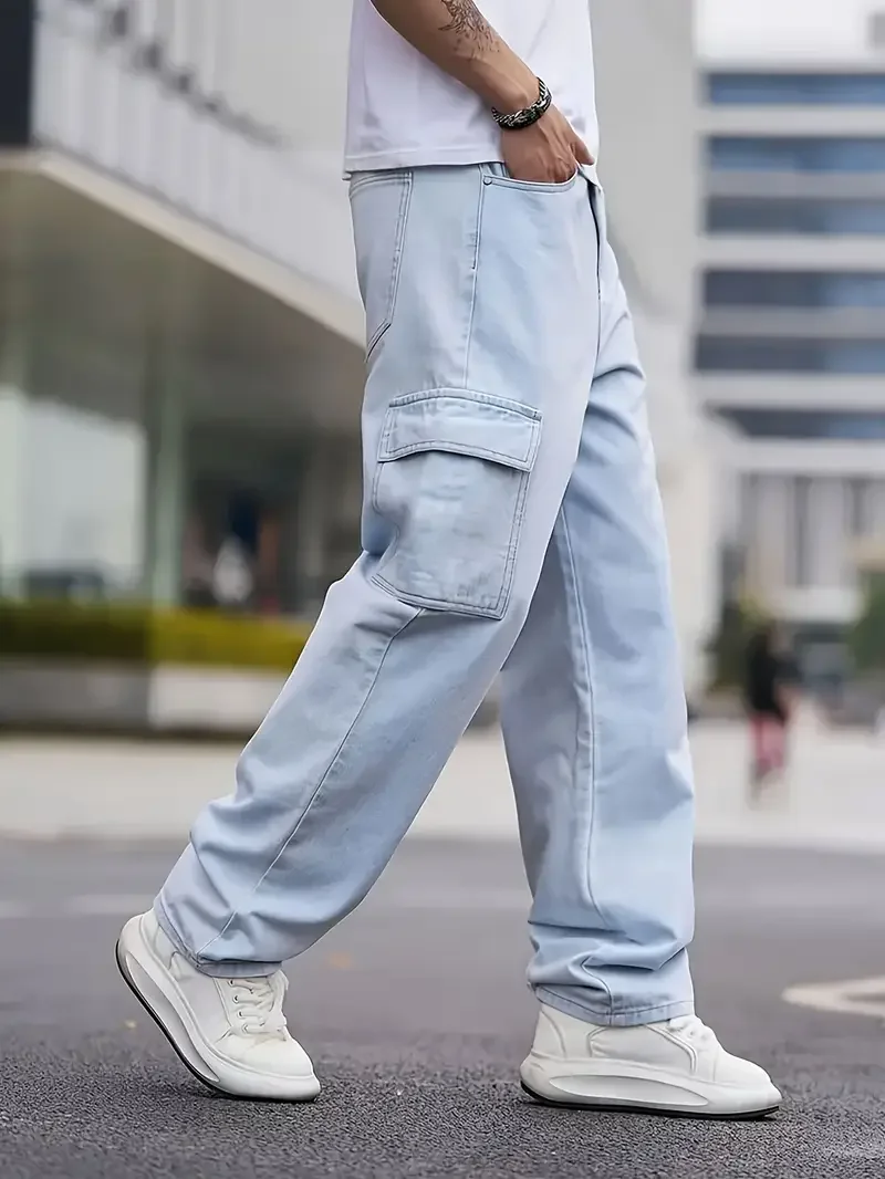 Men's Fashion Street Style Cropped Jeans, Cotton Blend, Non-Stretch, Solid Color, Loose Fit, Washed Denim, with Woven Fabric for